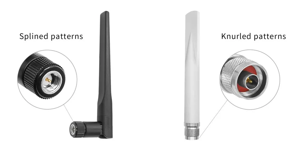 Close-up comparison of antenna connector patterns: splined pattern on a black antenna and knurled pattern on a white antenna