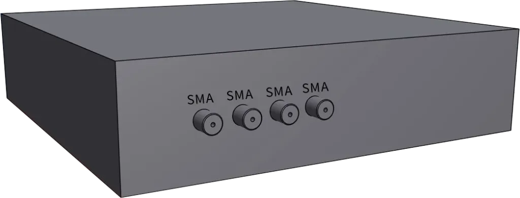A 3D-rendered device featuring four SMA connectors on the front panel, each labeled 'SMA'