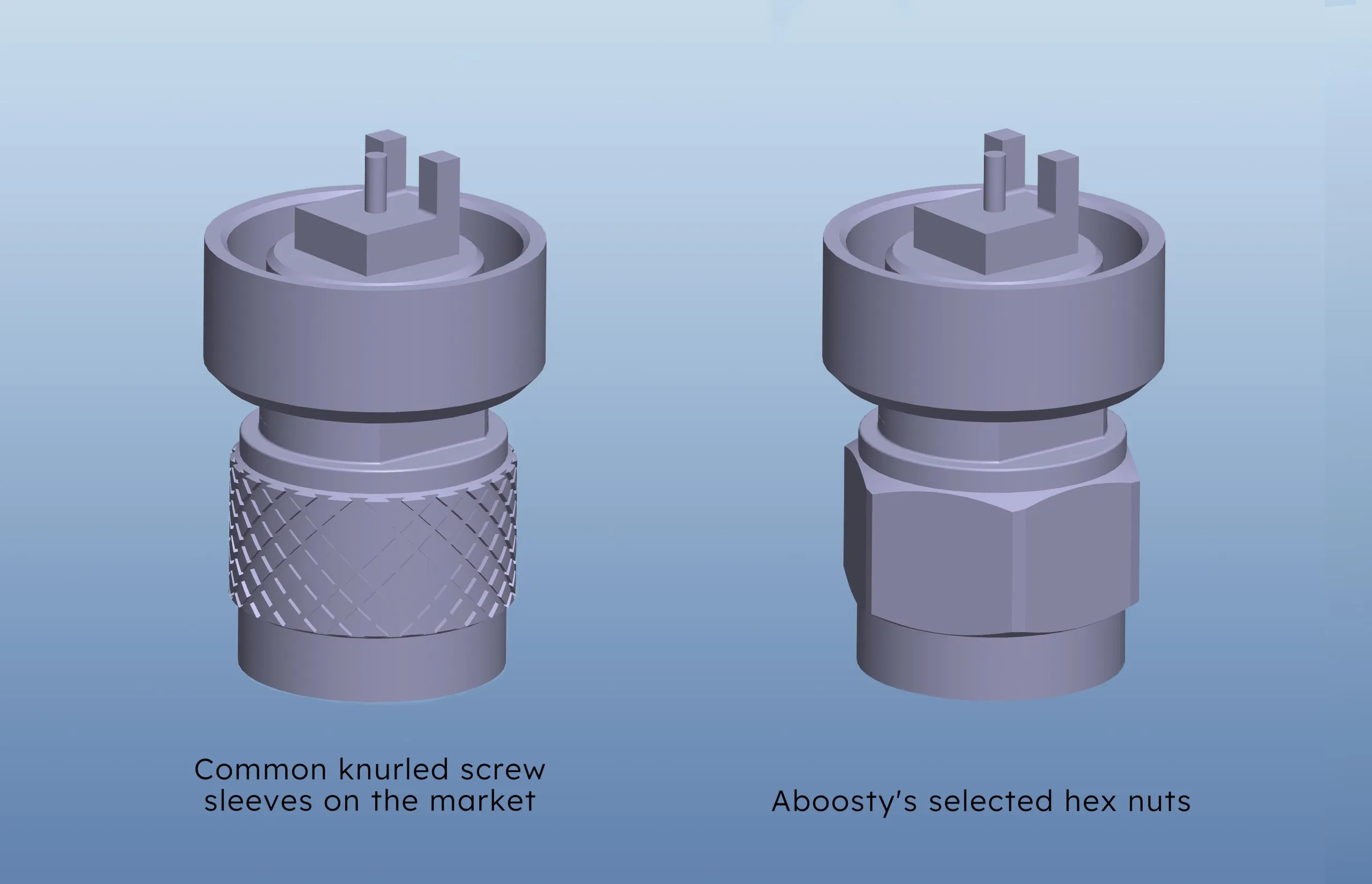 Comparison of connector types: A common knurled screw sleeve versus Aboosty's chosen hex nut for a more secure fiberglass antenna connection