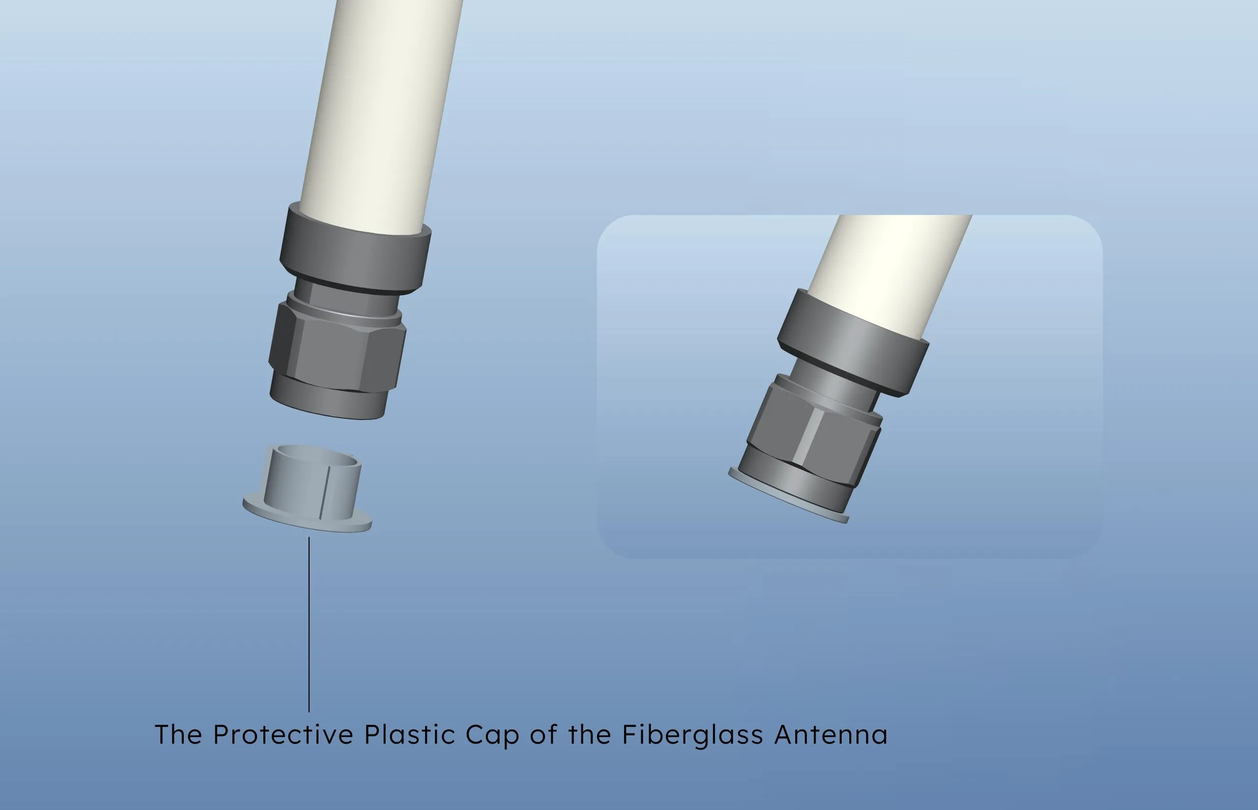 Detailed view of an N-type connector for a fiberglass antenna, showing the pin and internal component