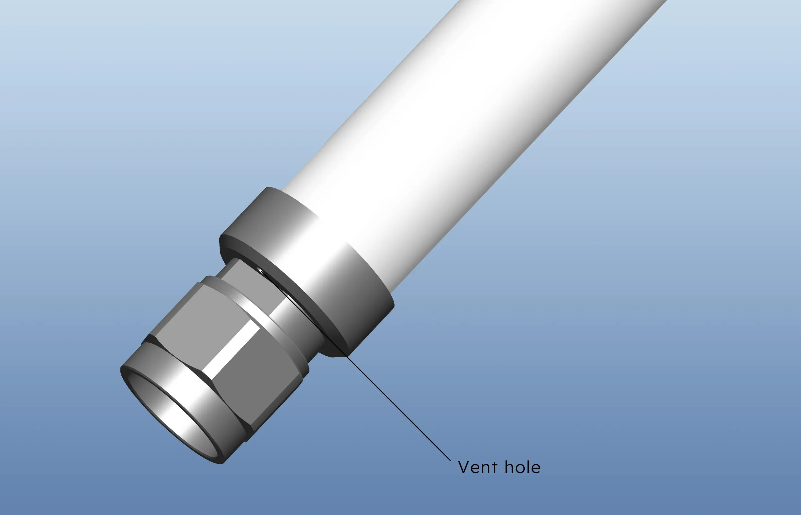 Close-up of a fiberglass antenna's base, highlighting the vent hole designed to release trapped air during adhesive dispensing
