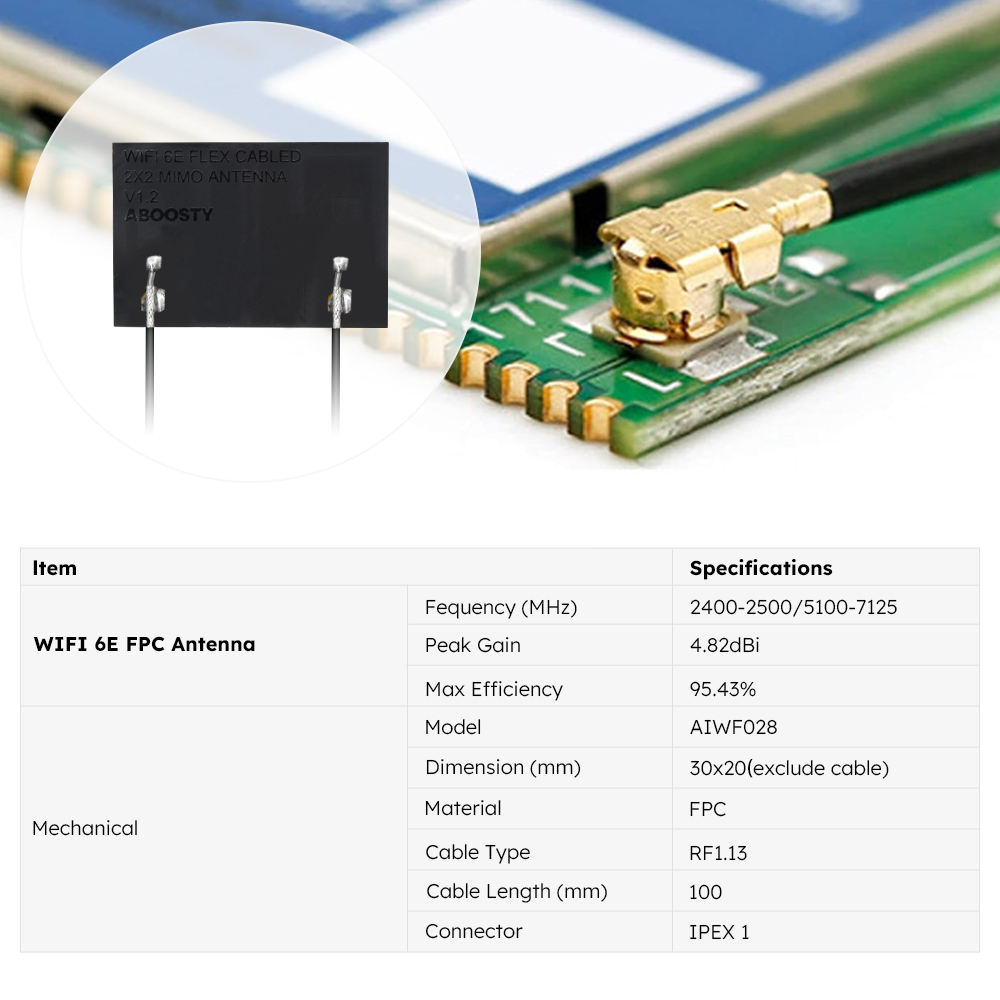 AIWF028-WIFI-6E-2X2-MIMO-Flex-PCB-30x20mm-100mm-O1.13mm-I-PEX-Antenna-Specification