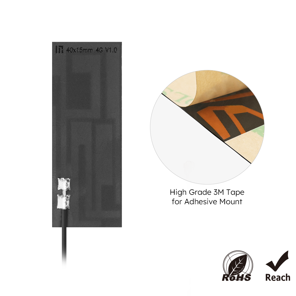 Adhesive mounting of AICF008 LTE 40x15mm FPC Antenna with IPEX1 connector and 50cm RG1.13 cable.