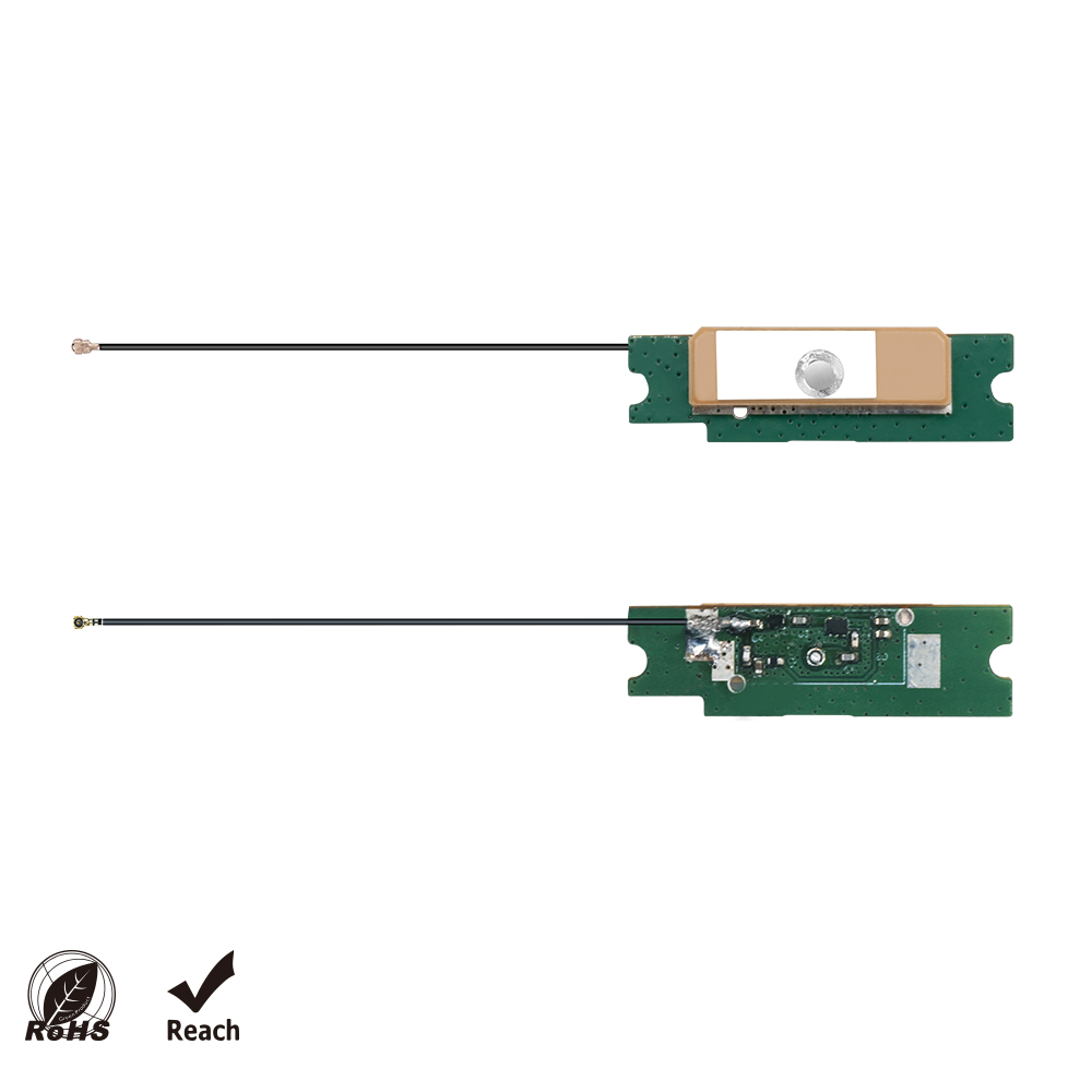AIGC057-M01 active GNSS patch antenna showing front ceramic patch and back PCB with connector and 40 mm cable
