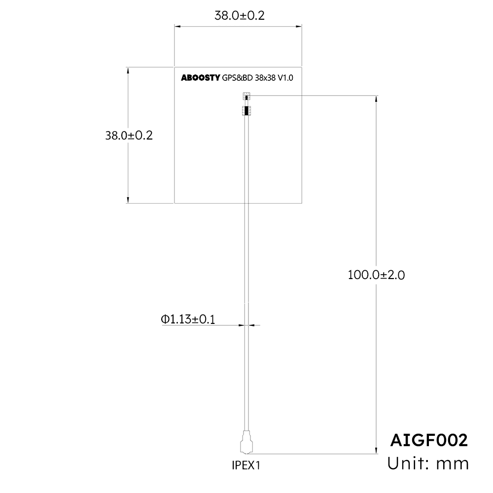 AIGF002 GNSS FPC Antenna Dimensions 38x38mm