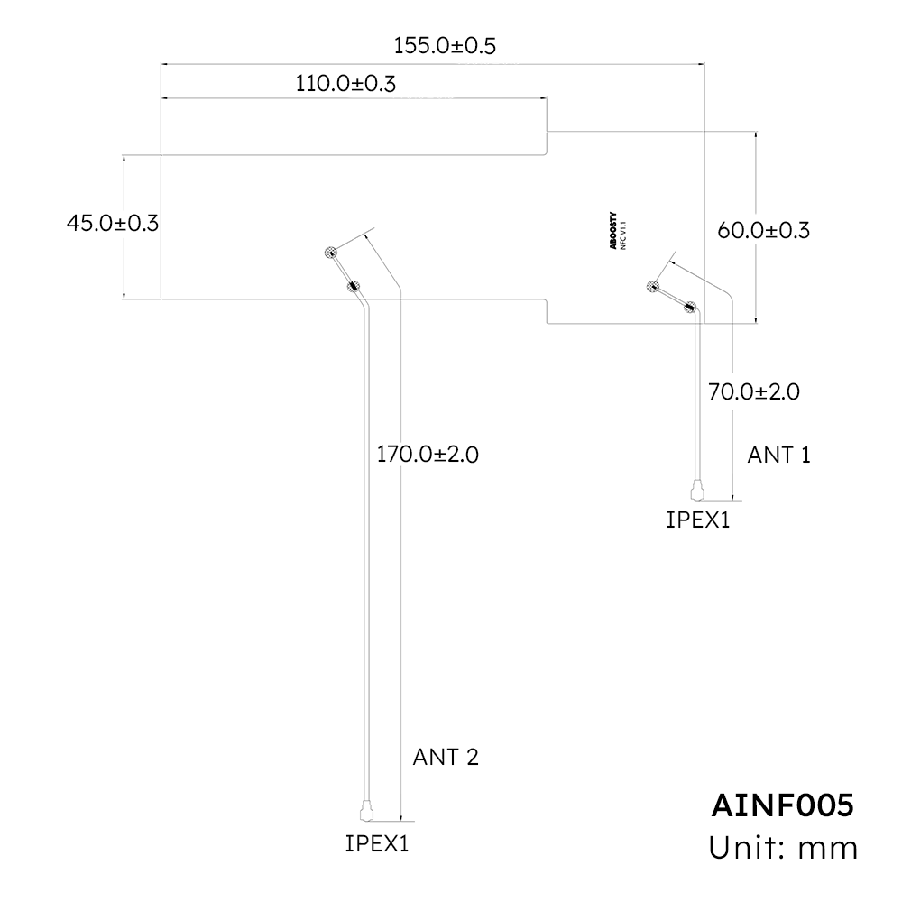 AINF005 NFC 2×2 MIMO Antenna Mechanical Dimensions 155×60mm