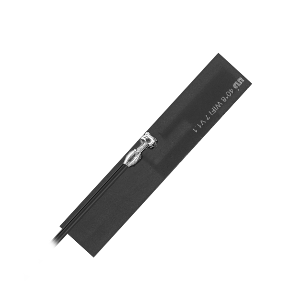 ABOOSTY AIWF029 Wi-Fi antenna, 2.4GHz / 5GHz / 6GHz flexible PCB design with IPEX connector and adhesive mount, compact 40×8mm high-efficiency antenna for smart devices.