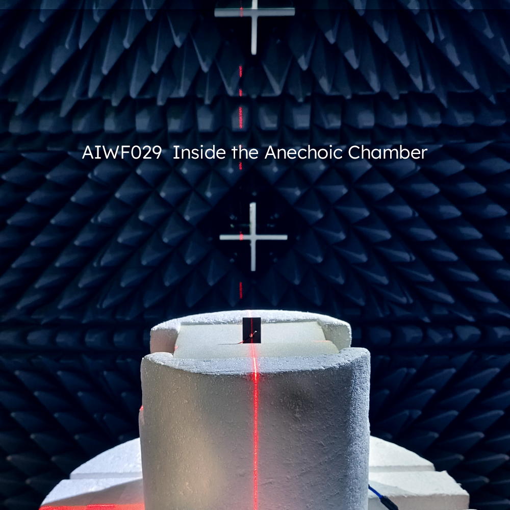 ABOOSTY AIWF029 (40×8mm) and AIWF031 (45×7mm) flexible PCB Wi-Fi 6E/7 antennas during OTA and RF performance validation in anechoic chamber, testing gain, VSWR, and radiation patterns.