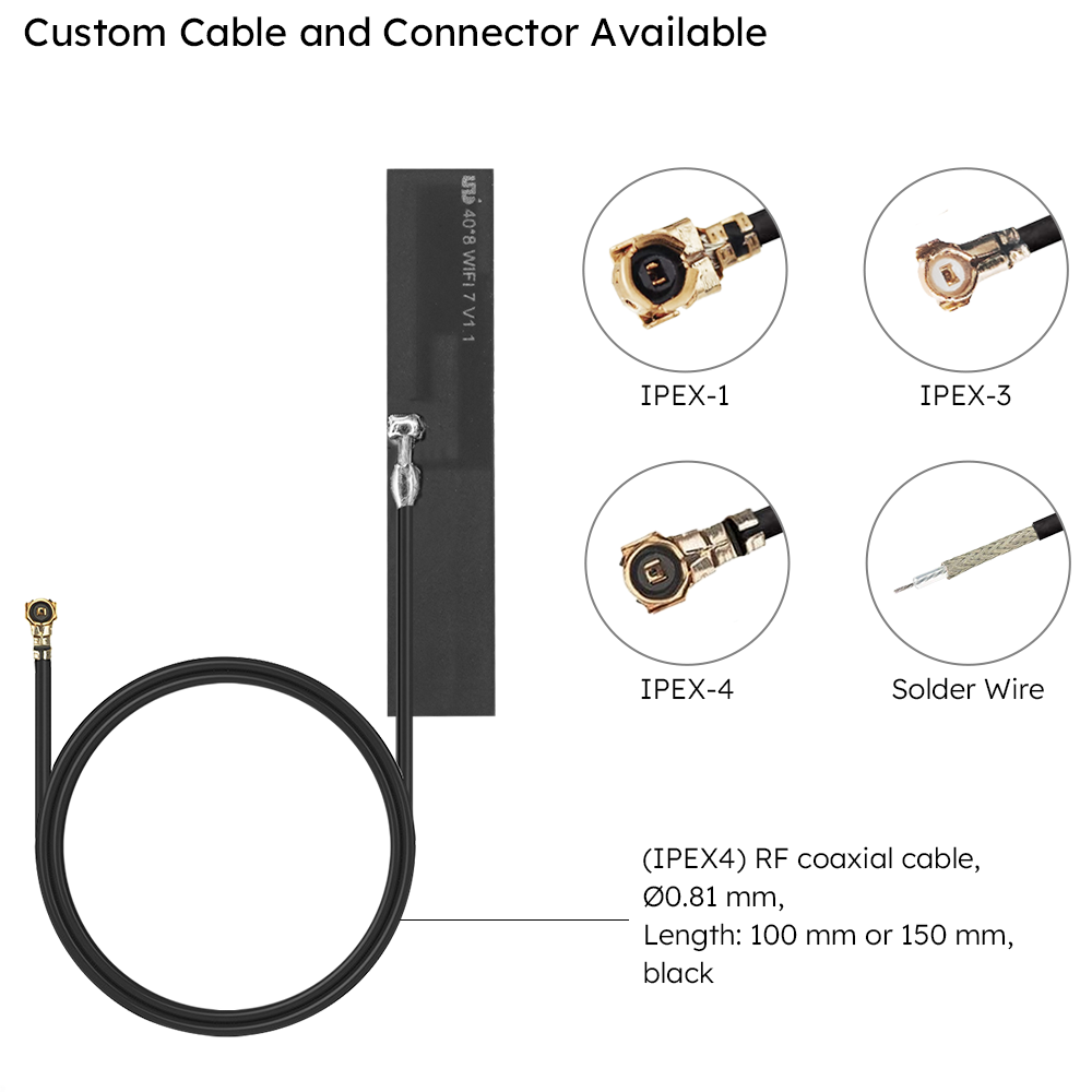 AIWF029 Wi-Fi 7 40x8mm FPC antenna with customizable RF coaxial cable length (100mm or 150mm) and connector options IPEX-1, IPEX-3, IPEX-4, solder wire