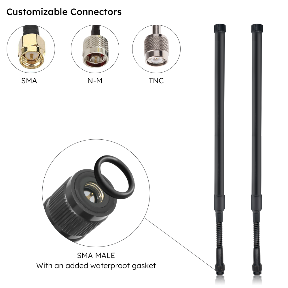 AECH001 Dual-band 698–960/1710–2690 MHz 4G fiberglass antenna with 360-degree flexible gooseneck section, showing bendable shaft for easy angle adjustment and optimal signal alignment