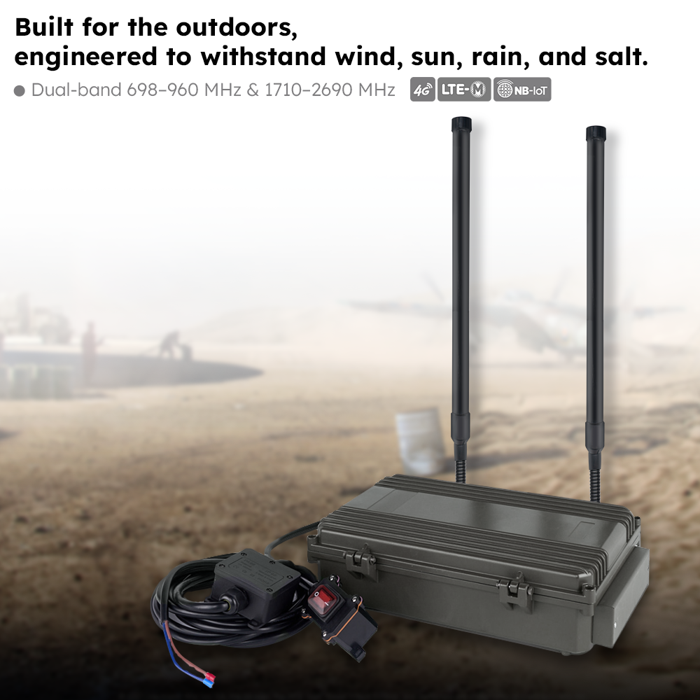 AECH001 Pair of 4G LTE gooseneck fiberglass antennas mounted on a rugged outdoor IoT gateway, designed to withstand wind, sun, rain and salt for LTE-M and NB-IoT connectivity