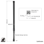 AECH001 Dimension drawing of 4G LTE gooseneck fiberglass antenna, 400 mm length, 18 mm diameter, flexible gooseneck section and SMA male connector with O-ring seal