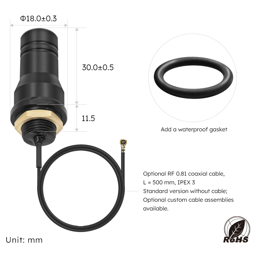 packaging of AEWW015 2.4G WiFi omni external mini antenna with screw mount and IPEX 3 cable for OEM and distributor supply -ABOOSTY
