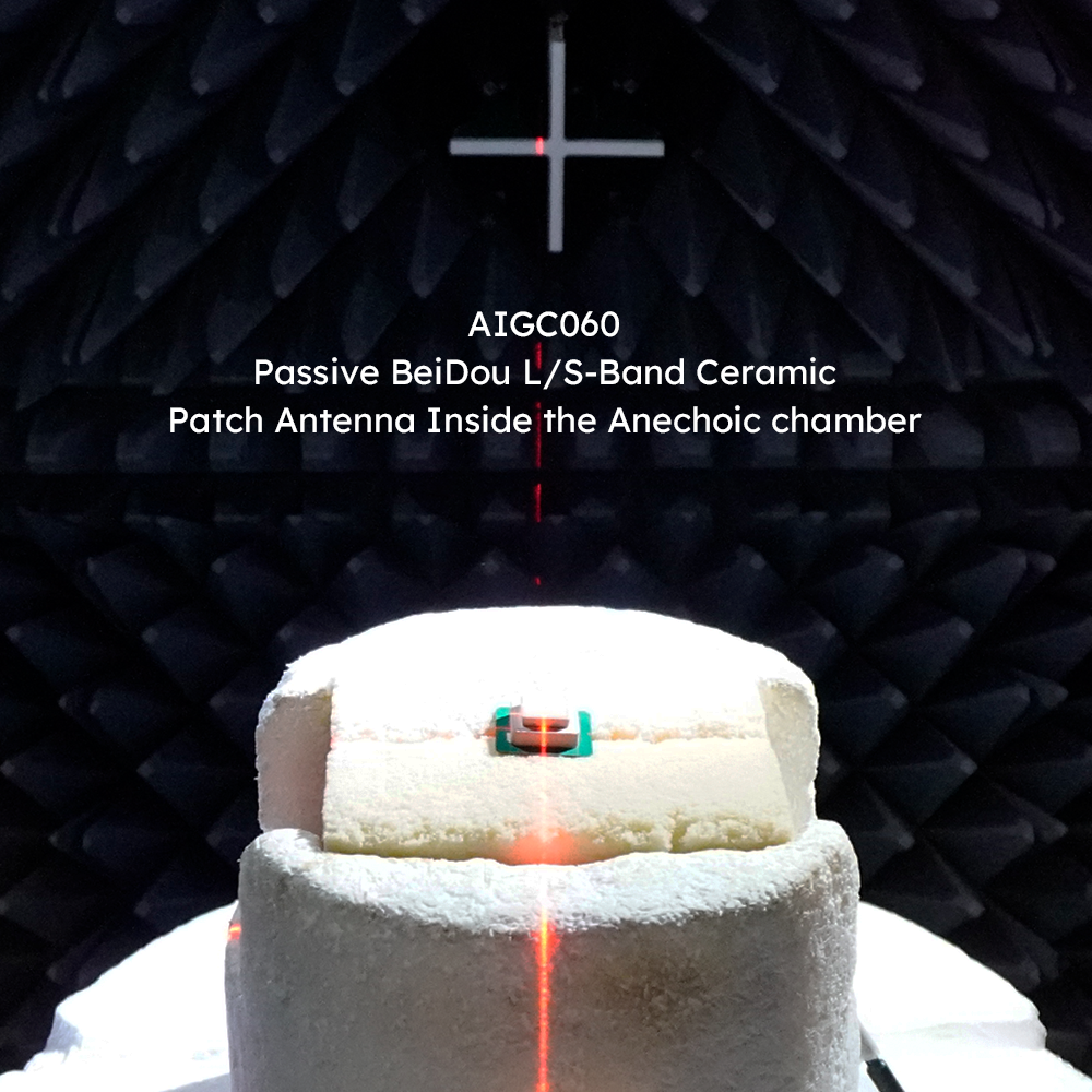 2D and 3D radiation patterns of AIGC060 BeiDou L band ceramic patch antenna at 1620 MHz measured in anechoic chamber showing directional sky view beam